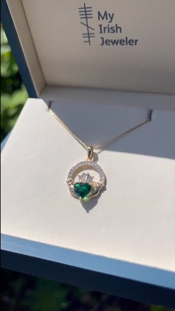 Diamond Crowned 1ct Emerald Claddagh Necklace Video