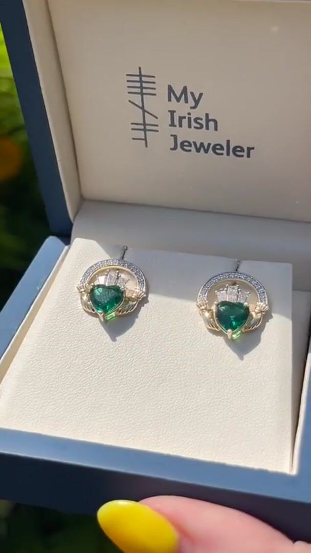 Diamond Crowned 2ct Lab Emerald Claddagh Earrings Video