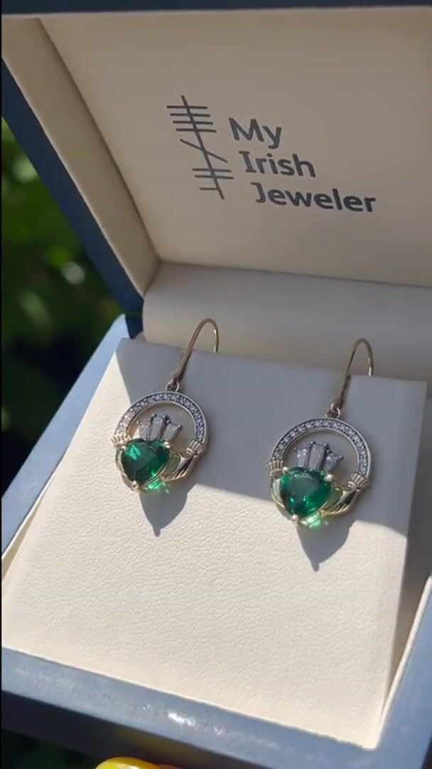 Diamond Crowned 2ct Lab Emerald Claddagh Earrings Video