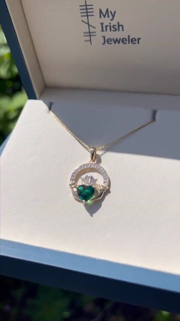 Lab Emerald Claddagh and Earring Gift Set Video