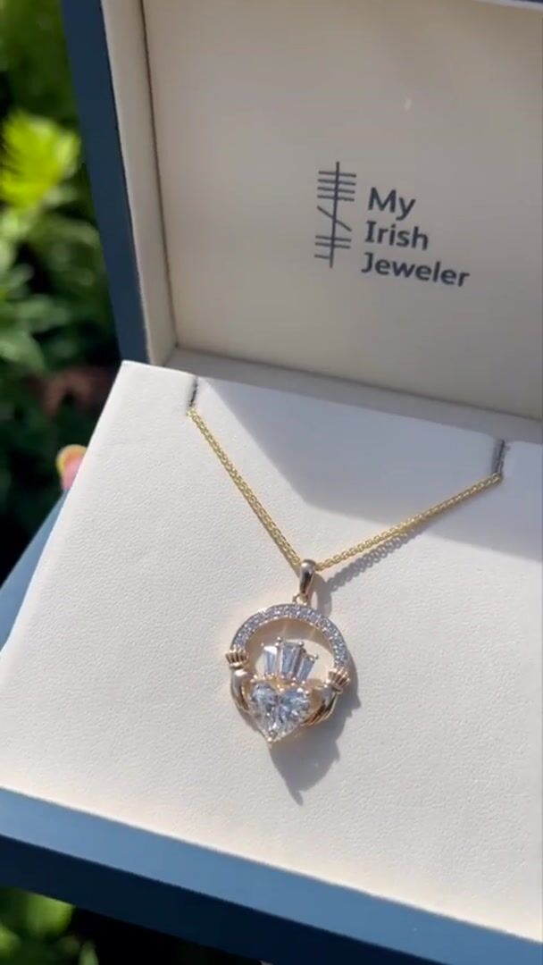 Luxury 2ct Diamond Crown Claddagh Necklace Video
