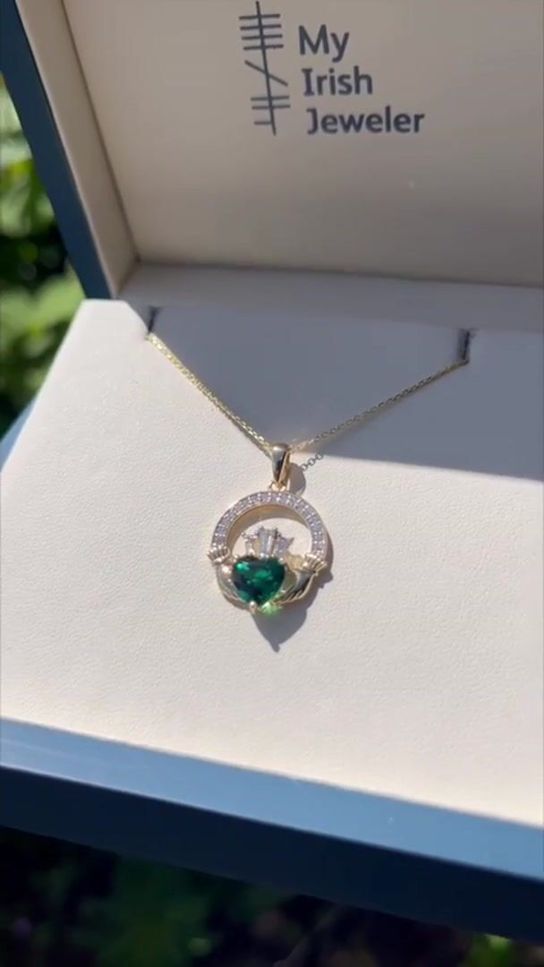 Lab Emerald Claddagh and Earring Gift Set Video